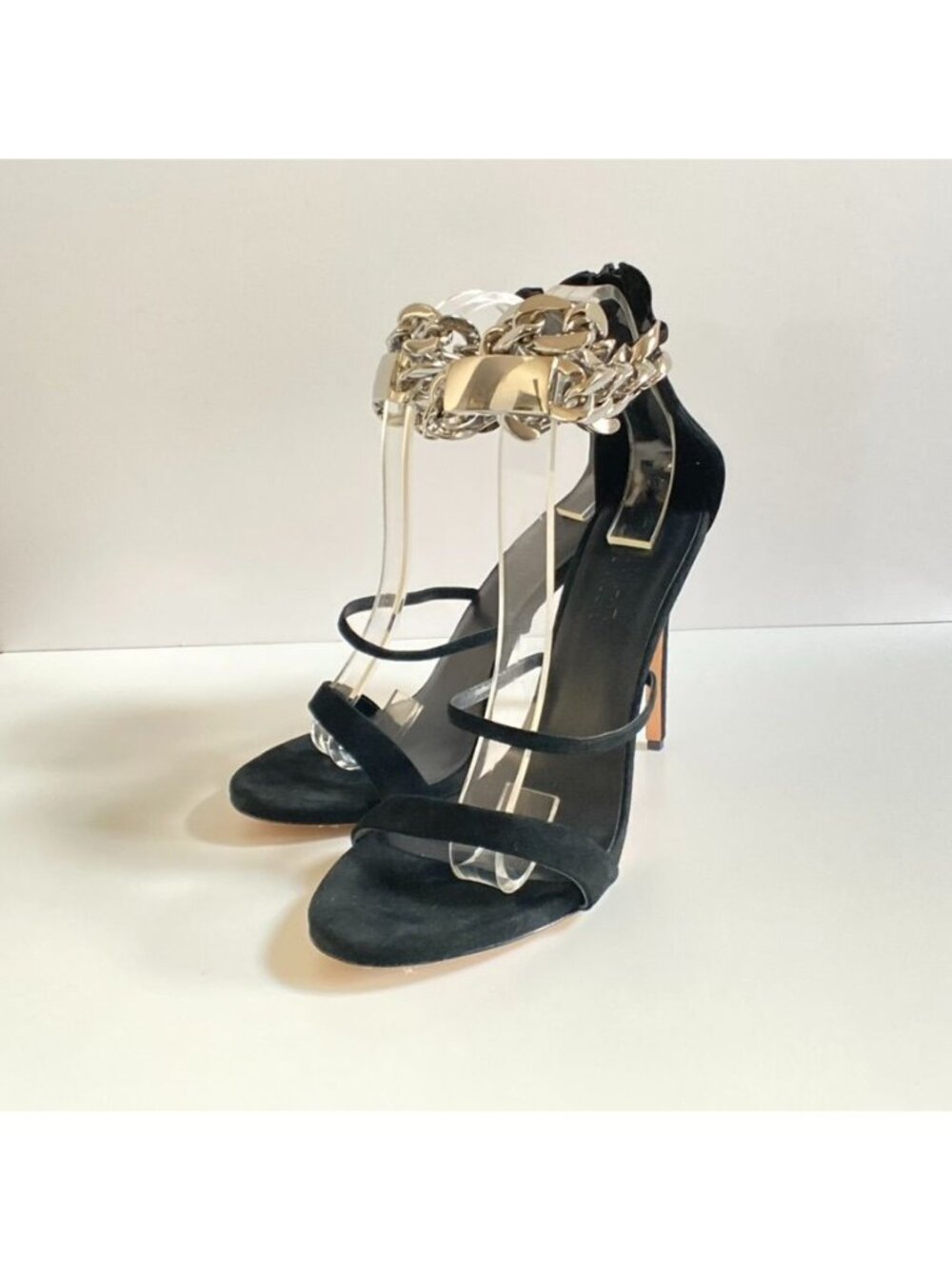 AMINAH ABDUL JILLIL Black Suede Ankle Strap Heels With Silver Chain size 11 - Picture 6 of 10